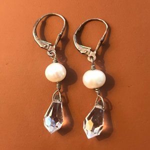 Genuine Pearl and Swarovski Crystal Silver Drop Earrings